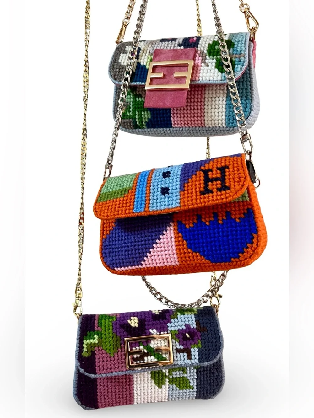 Needlepoint Mini Baguette Bag Equestrian Theme Clutch with Silver Chain Strap